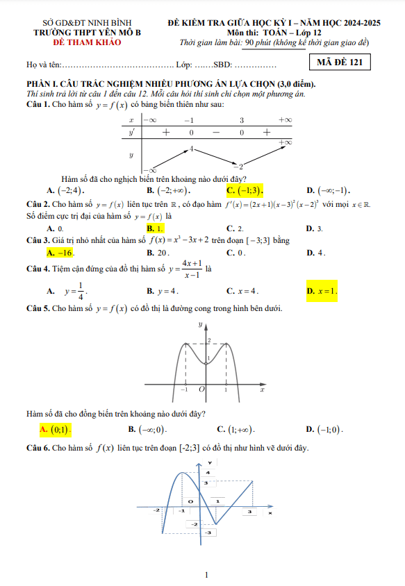 Đề tham khảo giữa kỳ 1 Toán 12 năm 2024 – 2025 trường THPT Yên Mô B – Ninh Bình