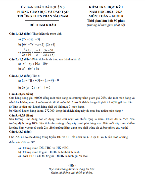 Đề tham khảo học kì 1 Toán 8 năm 2022 – 2023 trường THCS Phan Sào Nam – TP HCM