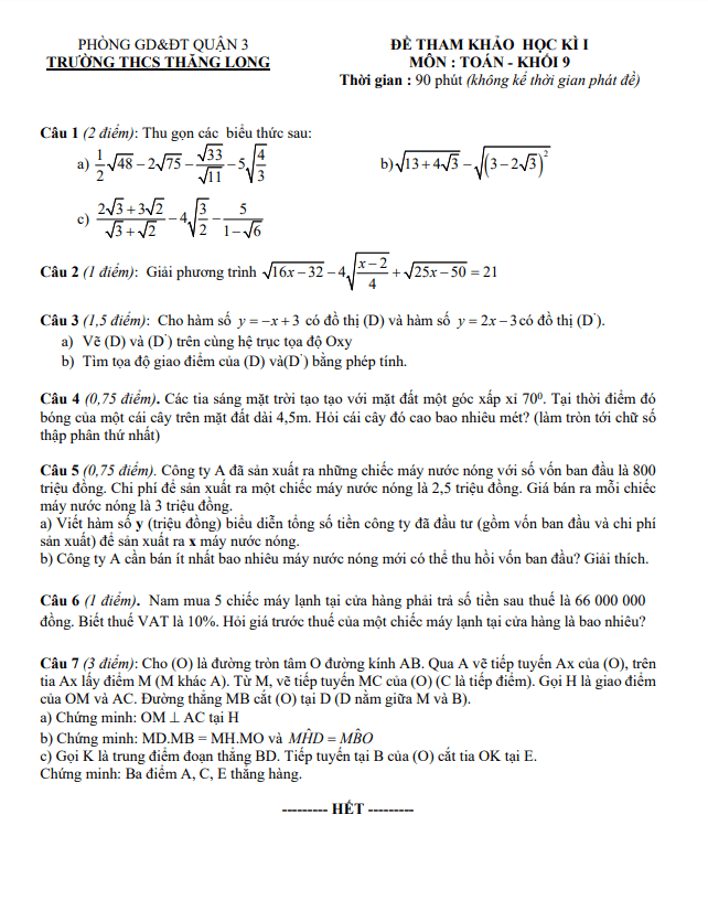 Đề tham khảo học kì 1 Toán 9 năm 2022 – 2023 trường THCS Thăng Long – TP HCM