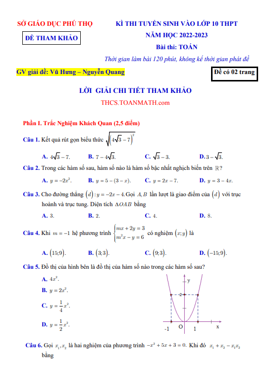 Đề tham khảo tuyển sinh vào lớp 10 THPT năm 2022 – 2023 sở GD&ĐT Phú Thọ