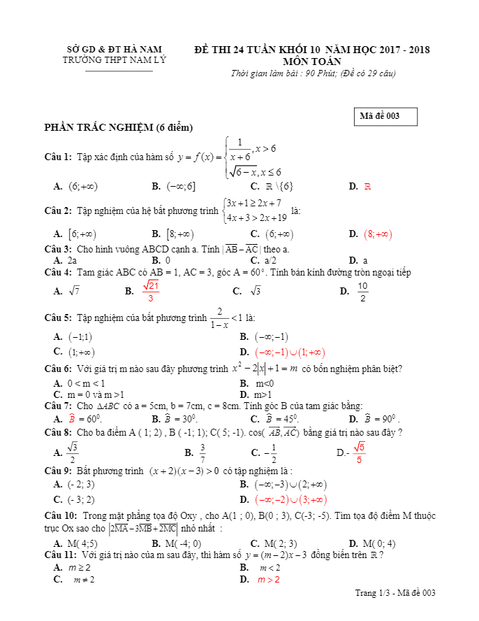 Đề thi 24 tuần Toán 10 năm 2017 – 2018 trường THPT Nam Lý – Hà Nam