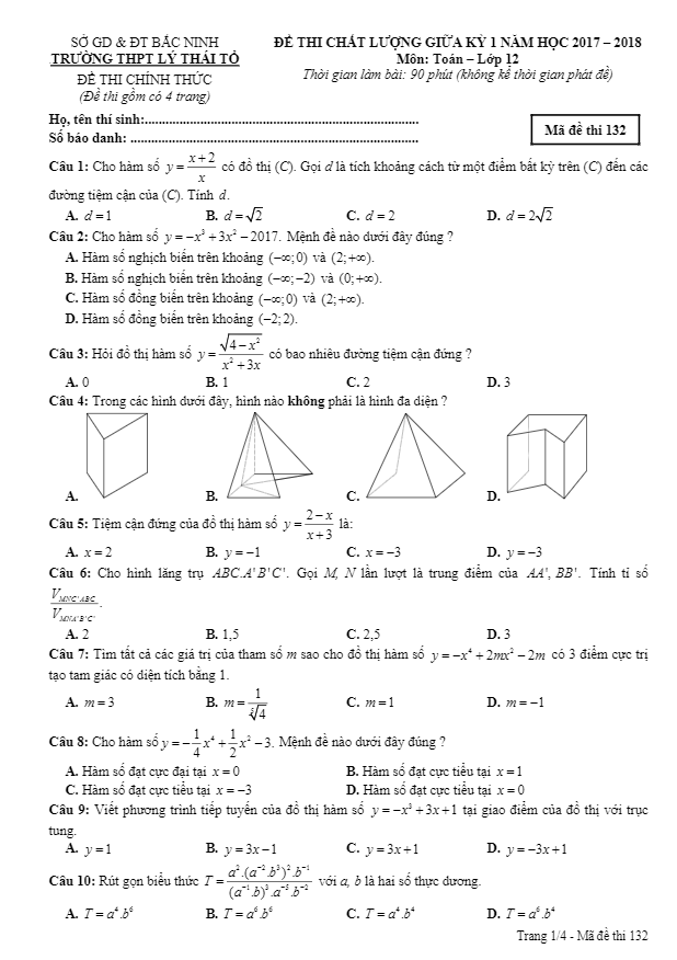 Đề thi chất lượng giữa kỳ 1 năm 2017 – 2018 môn Toán 12 trường THPT Lý Thái Tổ – Bắc Ninh
