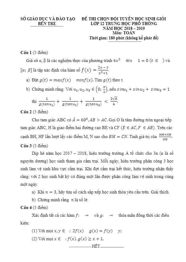 Đề thi chọn đội tuyển học sinh giỏi Toán 12 năm 2018 – 2019 sở GD và ĐT Bến Tre