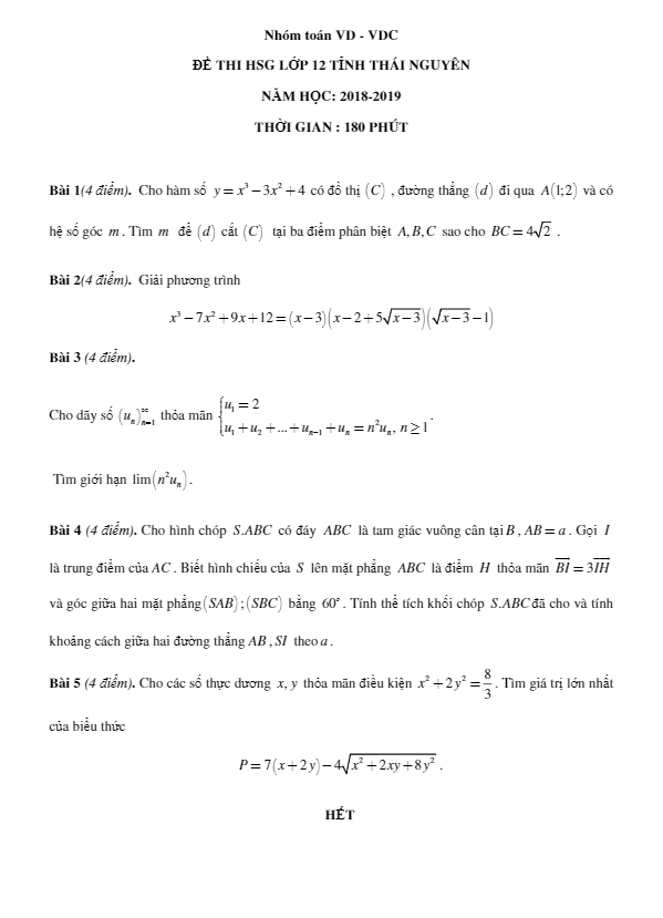 Đề thi chọn học sinh giỏi cấp tỉnh Toán 12 năm 2018 – 2019 sở GD và ĐT Thái Nguyên