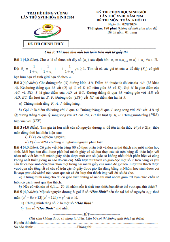Đề thi chọn học sinh giỏi Toán 11 Trại hè Hùng Vương lần thứ 18 năm 2024