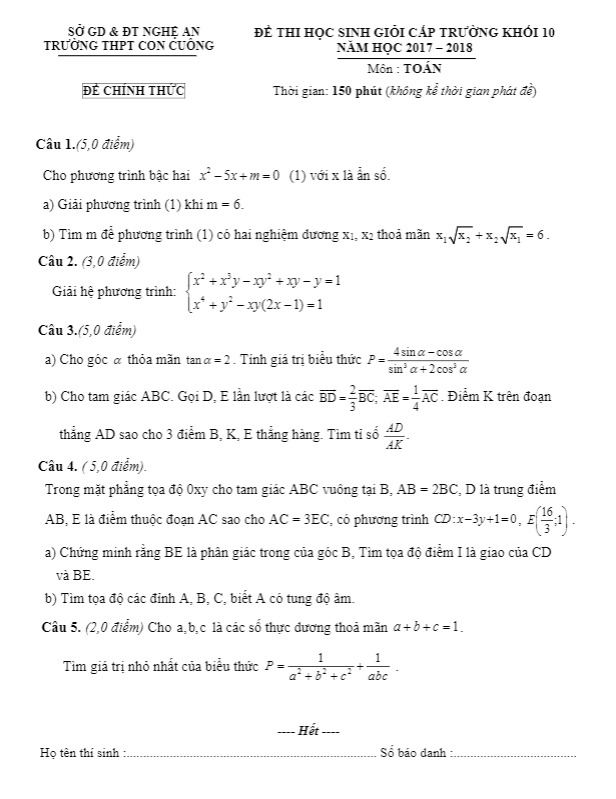 Đề thi chọn HSG cấp trường Toán 10 năm 2017 – 2018 trường THPT Con Cuông – Nghệ An
