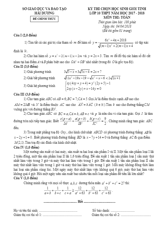 Đề thi chọn HSG tỉnh Toán 10 THPT năm 2017 – 2018 sở GD và ĐT Hải Dương