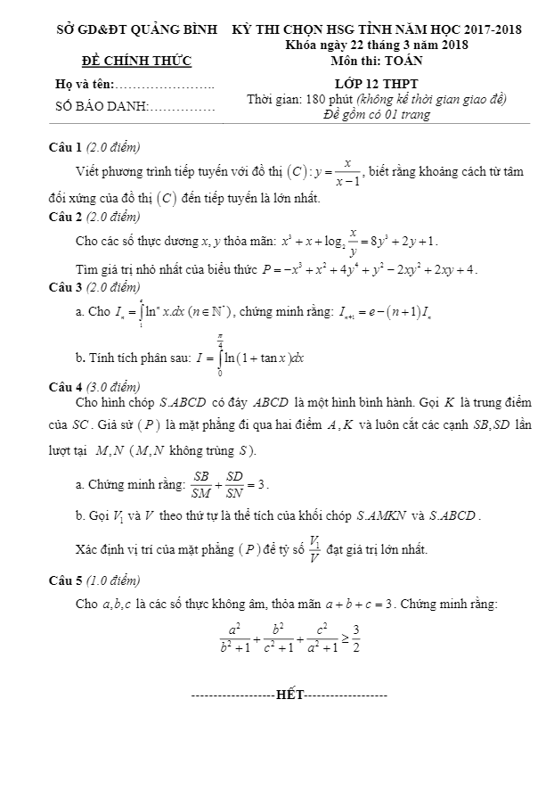 Đề thi chọn HSG tỉnh Toán 12 năm 2017 – 2018 sở GD&ĐT Quảng Bình