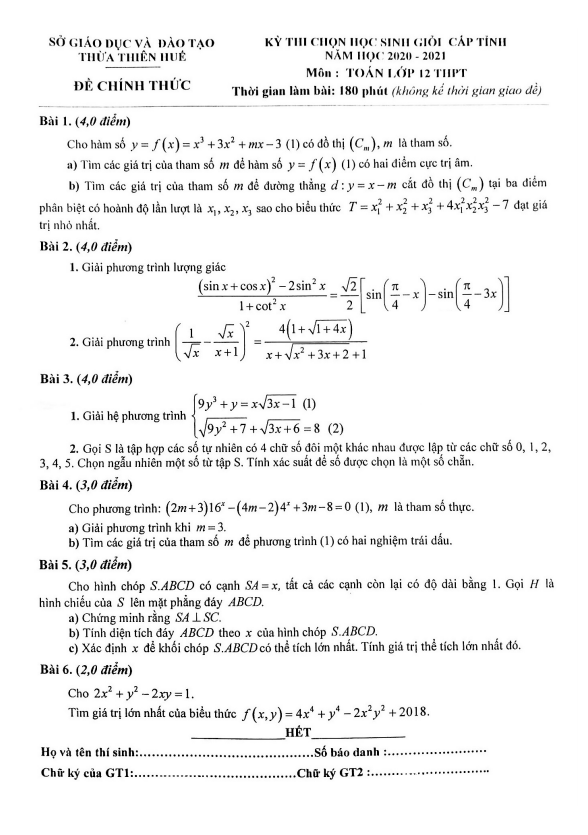 Đề thi chọn HSG tỉnh Toán 12 năm 2020 – 2021 sở GD&ĐT Thừa Thiên Huế