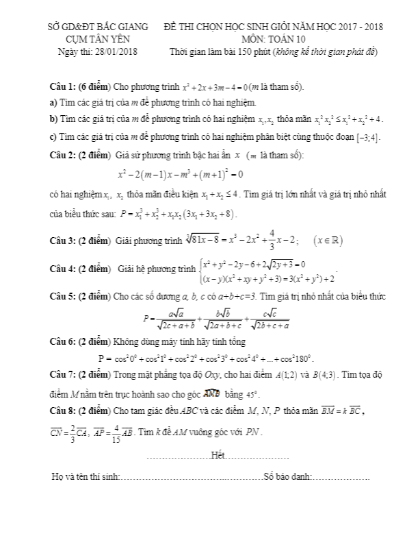 Đề thi chọn HSG Toán 10 năm học 2017 – 2018 cụm Tân Yên – Bắc Giang