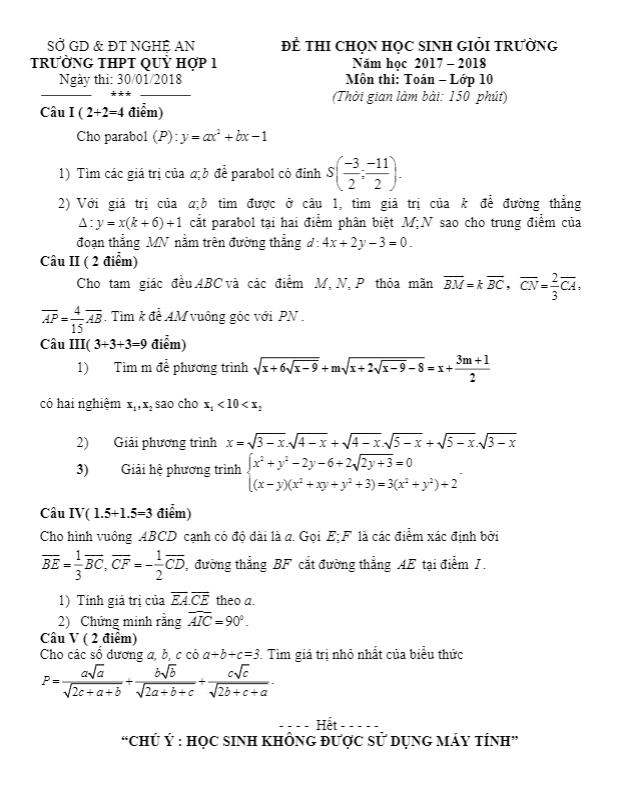 Đề thi chọn HSG Toán 10 năm học 2017 – 2018 trường THPT Quỳ Hợp 1 – Nghệ An