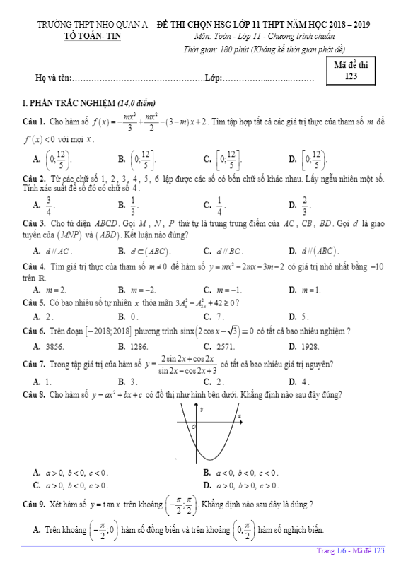 Đề thi chọn HSG Toán 11 năm 2018 – 2019 trường Nho Quan A – Ninh Bình