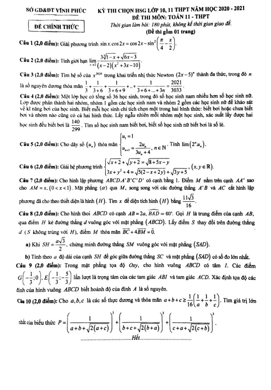 Đề thi chọn HSG Toán 11 năm 2020 – 2021 sở GD&ĐT Vĩnh Phúc