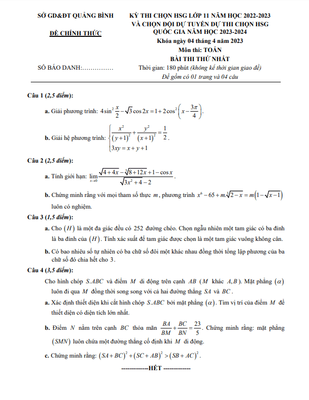 Đề thi chọn HSG Toán 11 năm 2022 – 2023 sở GD&ĐT Quảng Bình