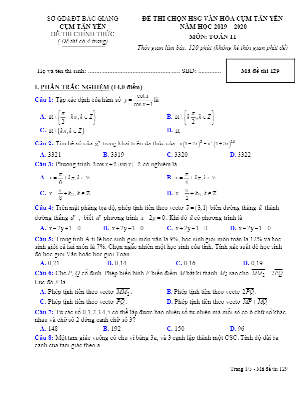 Đề thi chọn HSG Toán 11 năm học 2019 – 2020 cụm Tân Yên – Bắc Giang