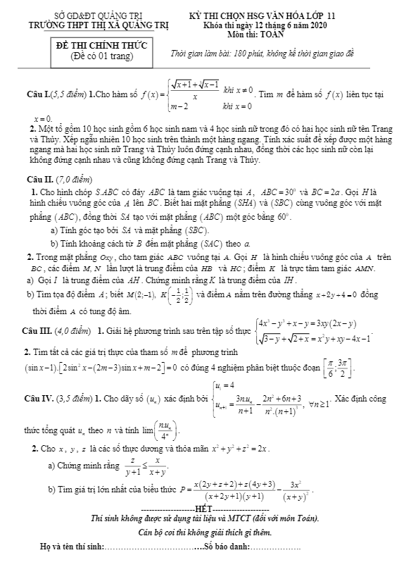 Đề thi chọn HSG Toán 11 năm học 2019 – 2020 trường THPT thị xã Quảng Trị