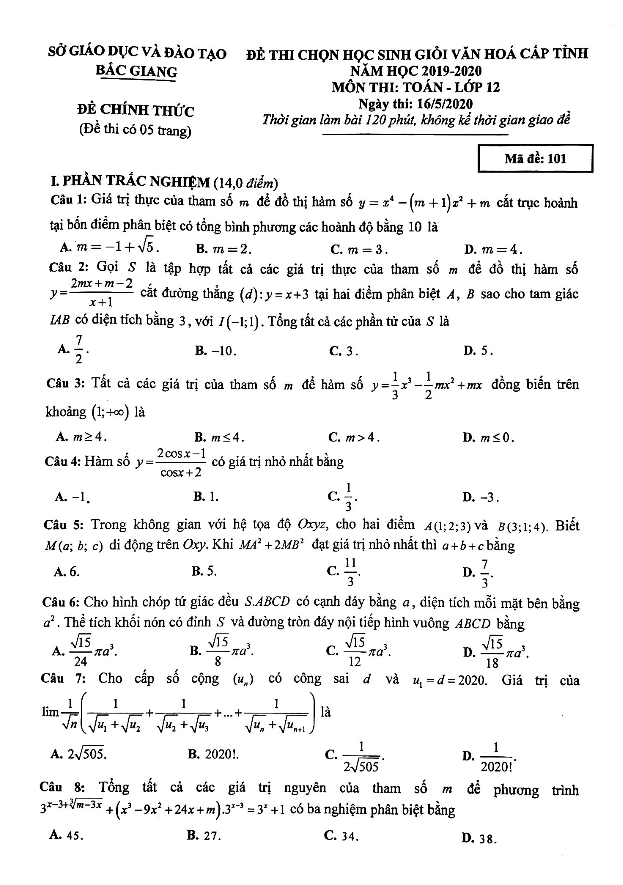 Đề thi chọn HSG Toán 12 cấp tỉnh năm học 2019 – 2020 sở GD&ĐT Bắc Giang