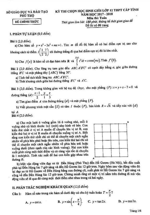 Đề thi chọn HSG Toán 12 THPT cấp tỉnh năm học 2017 – 2018 sở GD và ĐT Phú Thọ