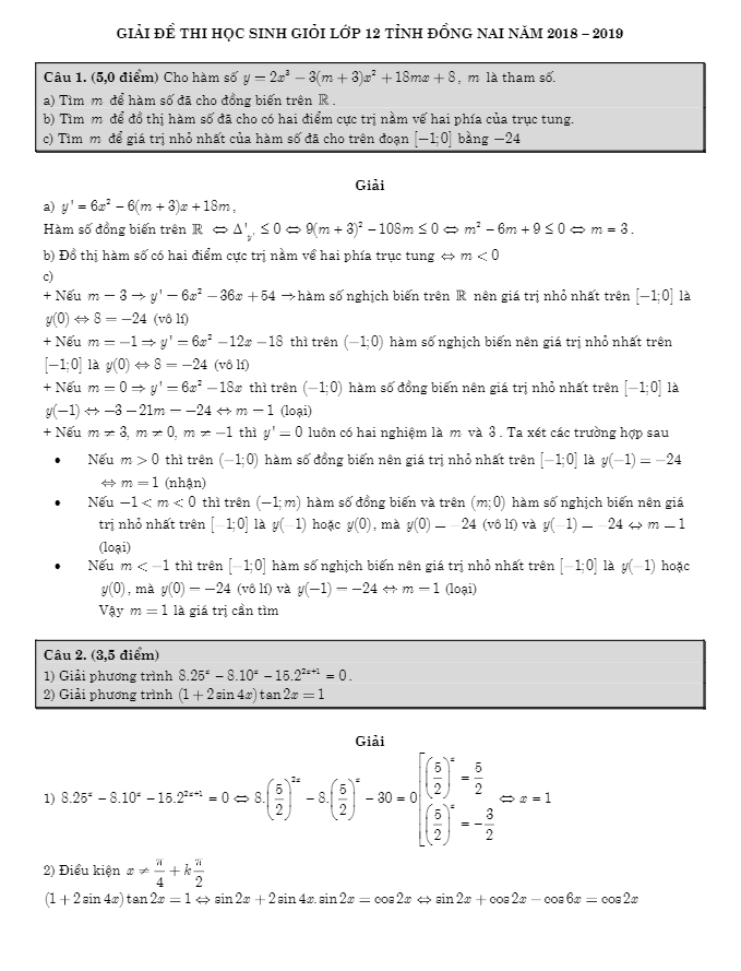 Đề thi chọn HSG Toán 12 THPT năm 2018 – 2019 sở GD&ĐT Đồng Nai