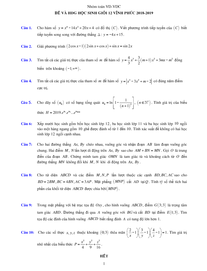 Đề thi chọn HSG Toán 12 THPT năm học 2018 – 2019 sở GD và ĐT Vĩnh Phúc