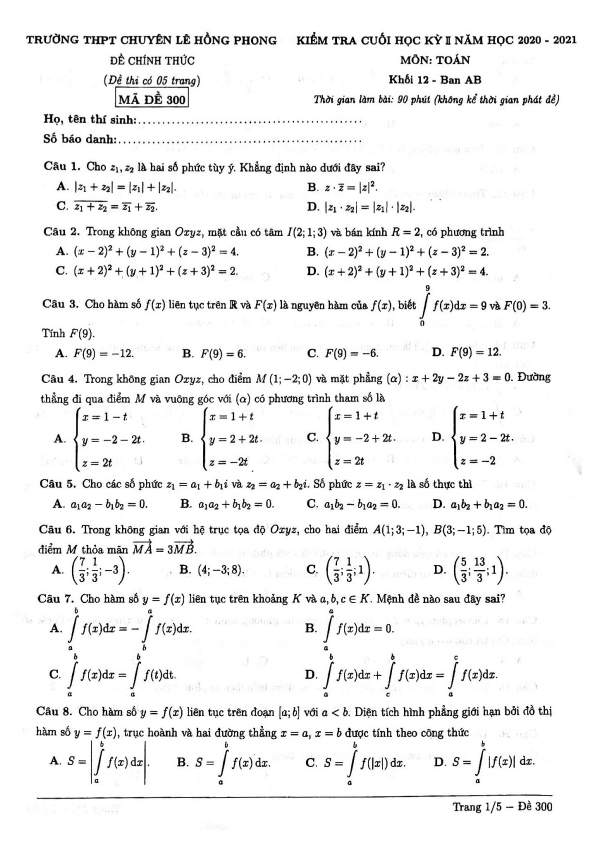 Đề thi cuối HK2 Toán 12 năm 2020 – 2021 trường chuyên Lê Hồng Phong – TP HCM