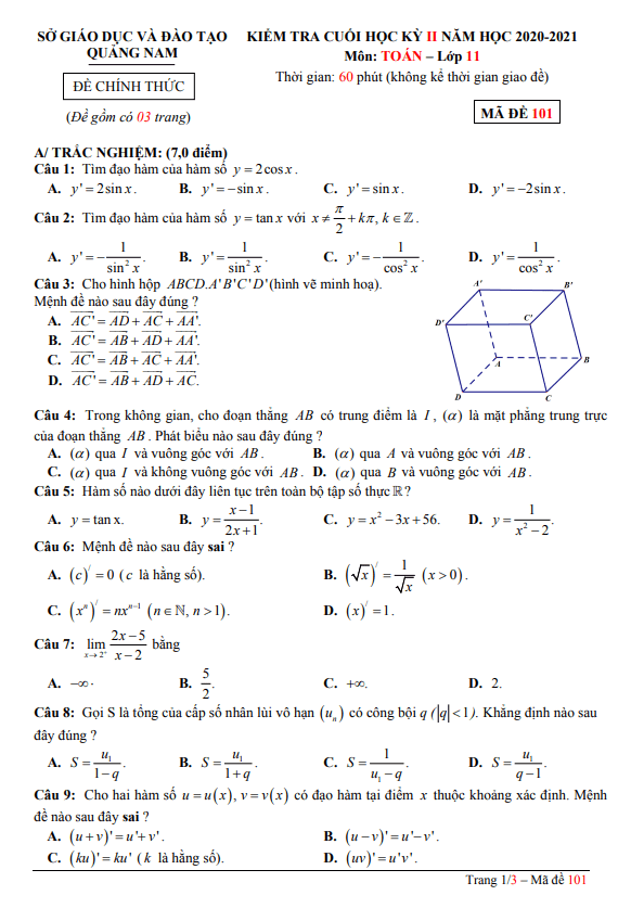 Đề thi cuối học kỳ 2 Toán 11 năm 2020 – 2021 sở GD&ĐT Quảng Nam