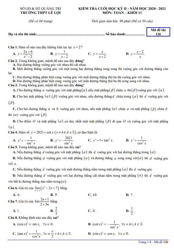 Đề thi cuối học kỳ 2 Toán 11 năm 2020 – 2021 trường THPT Lê Lợi – Quảng Trị