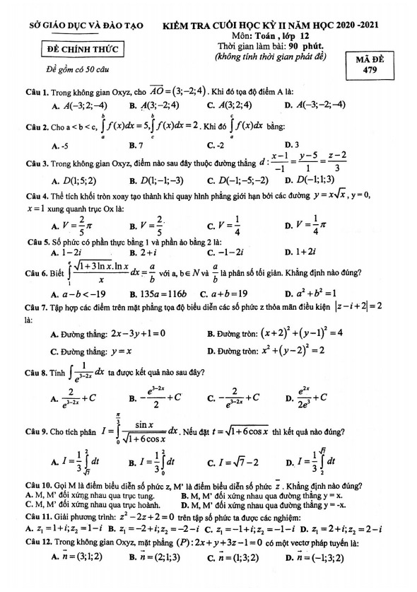 Đề thi cuối học kỳ 2 Toán 12 năm 2020 – 2021 sở GD&ĐT Bình Dương
