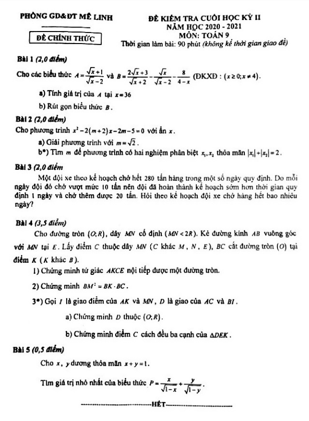Đề thi cuối học kỳ 2 Toán 9 năm 2020 – 2021 phòng GD&ĐT Mê Linh – Hà Nội