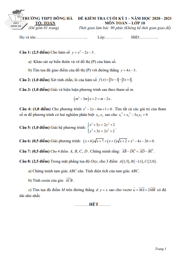 Đề thi cuối kỳ 1 Toán 10 năm 2020 – 2021 trường THPT Đông Hà – Quảng Trị