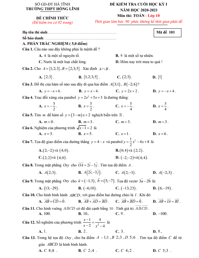 Đề thi cuối kỳ 1 Toán 10 năm 2020 – 2021 trường THPT Hồng Lĩnh – Hà Tĩnh