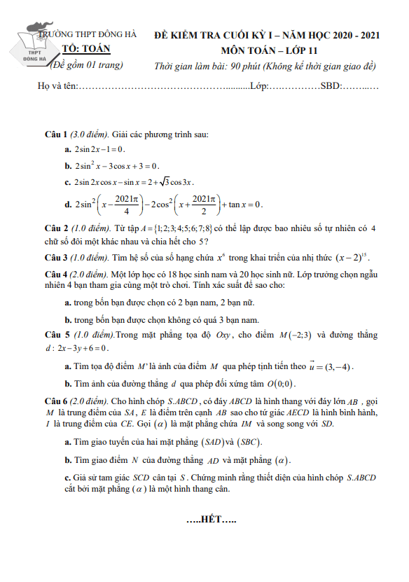 Đề thi cuối kỳ 1 Toán 11 năm 2020 – 2021 trường THPT Đông Hà – Quảng Trị