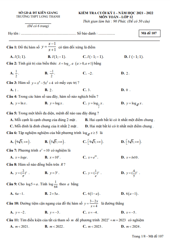 Đề thi cuối kỳ 1 Toán 12 năm 2021 – 2022 trường THPT Long Thạnh – Kiên Giang