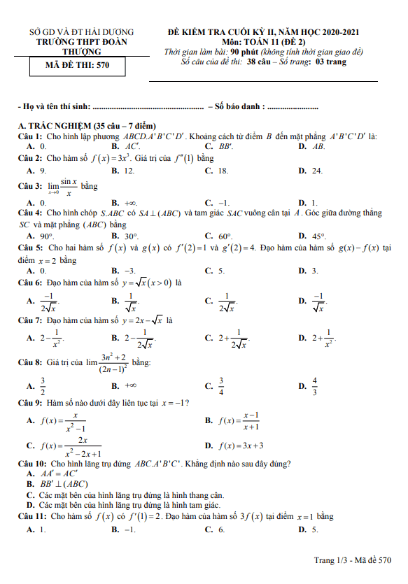 Đề thi cuối kỳ 2 Toán 11 năm 2020 – 2021 trường Đoàn Thượng – Hải Dương