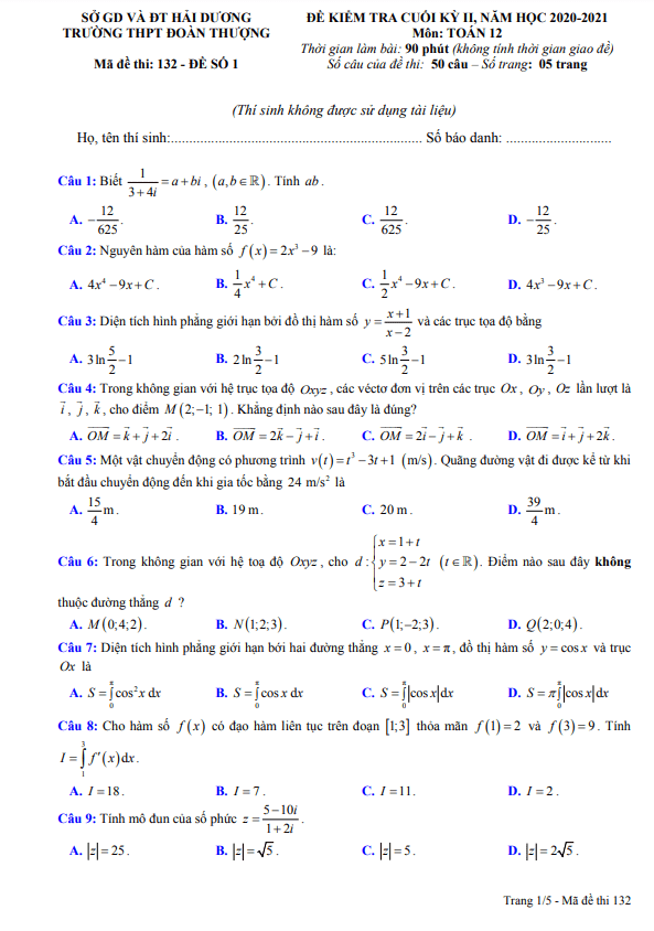 Đề thi cuối kỳ 2 Toán 12 năm 2020 – 2021 trường Đoàn Thượng – Hải Dương