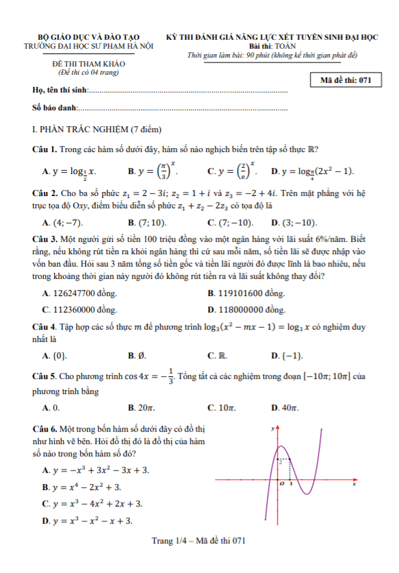 Đề thi đánh giá năng lực môn Toán xét tuyển sinh Đại học 2022 trường ĐHSP Hà Nội
