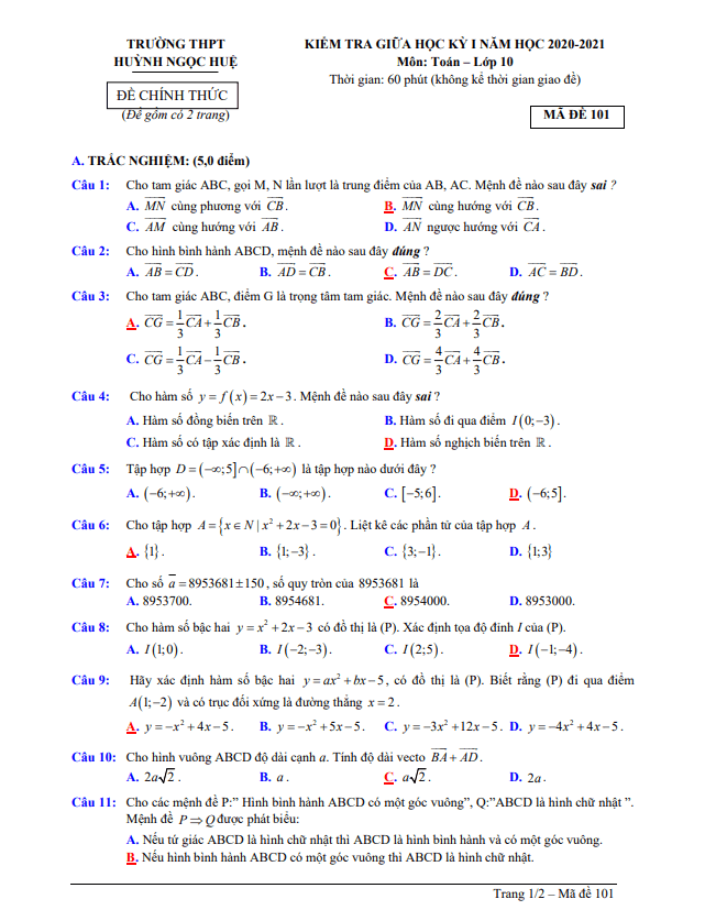 Đề thi giữa HK1 Toán 10 năm 2020 – 2021 trường THPT Huỳnh Ngọc Huệ – Quảng Nam
