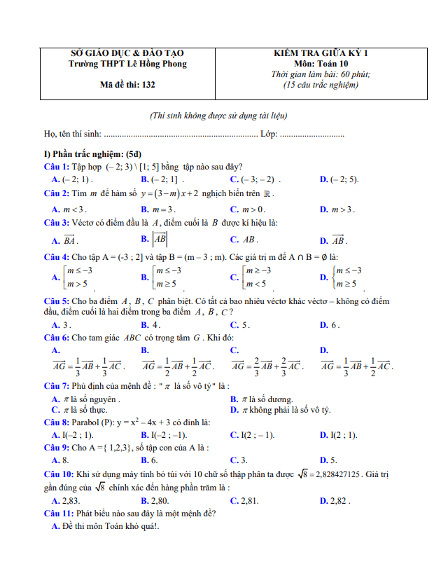 Đề thi giữa HK1 Toán 10 năm 2020 – 2021 trường THPT Lê Hồng Phong – Quảng Nam