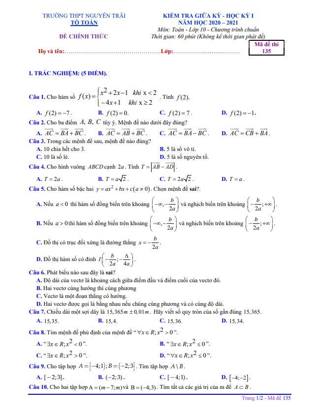 Đề thi giữa HK1 Toán 10 năm 2020 – 2021 trường THPT Nguyễn Trãi – Quảng Nam