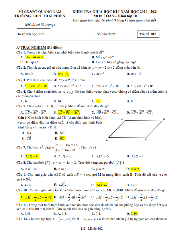 Đề thi giữa HK1 Toán 10 năm 2020 – 2021 trường THPT Thái Phiên – Quảng Nam