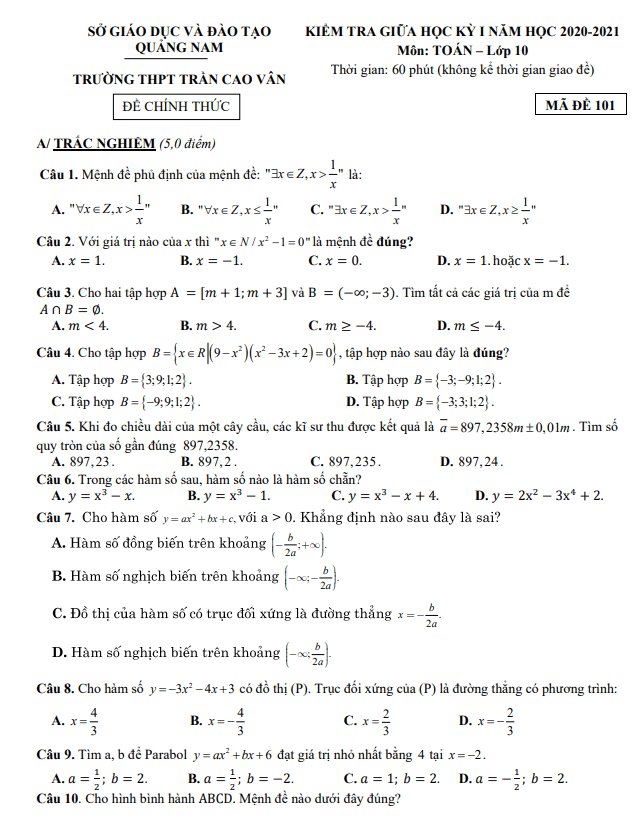 Đề thi giữa HK1 Toán 10 năm 2020 – 2021 trường THPT Trần Cao Vân – Quảng Nam