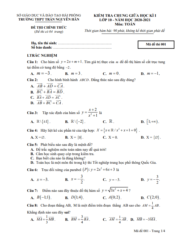Đề thi giữa HK1 Toán 10 năm 2020 – 2021 trường THPT Trần Nguyên Hãn – Hải Phòng