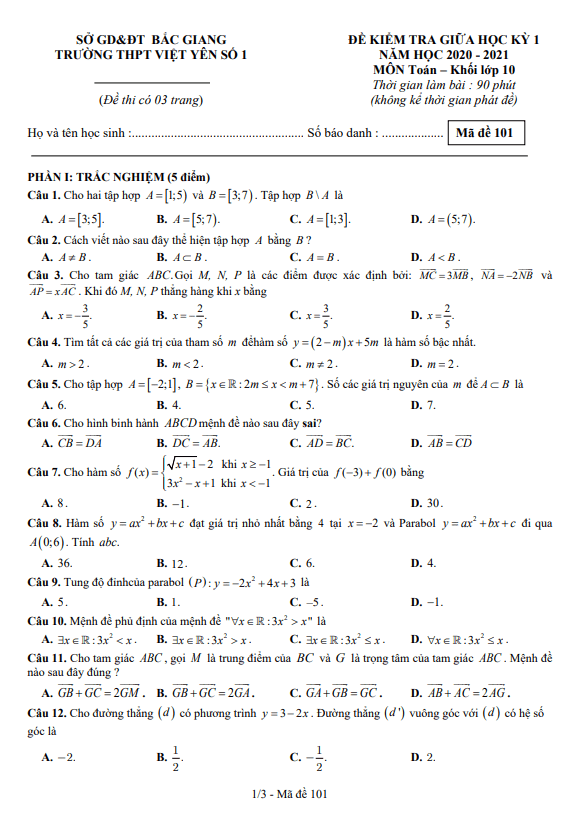 Đề thi giữa HK1 Toán 10 năm 2020 – 2021 trường THPT Việt Yên 1 – Bắc Giang