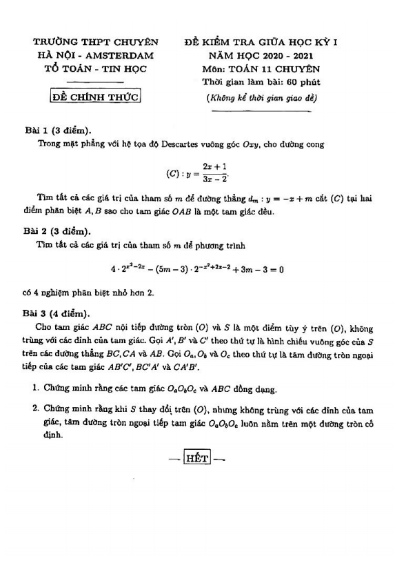 Đề thi giữa HK1 Toán 11 chuyên năm 2020 – 2021 trường chuyên Hà Nội – Amsterdam
