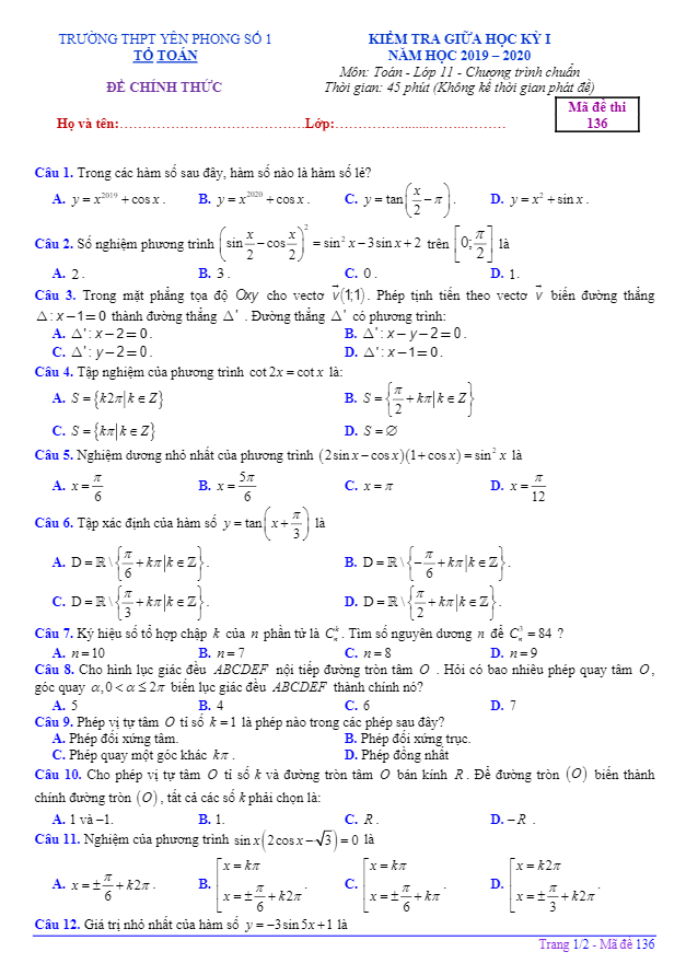 Đề thi giữa HK1 Toán 11 năm 2019 – 2020 trường THPT Yên Phong 1 – Bắc Ninh