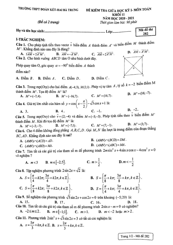 Đề thi giữa HK1 Toán 11 năm 2020 – 2021 trường THPT Đoàn Kết – Hai Bà Trưng – Hà Nội