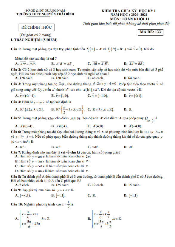 Đề thi giữa HK1 Toán 11 năm 2020 – 2021 trường THPT Nguyễn Thái Bình – Quảng Nam