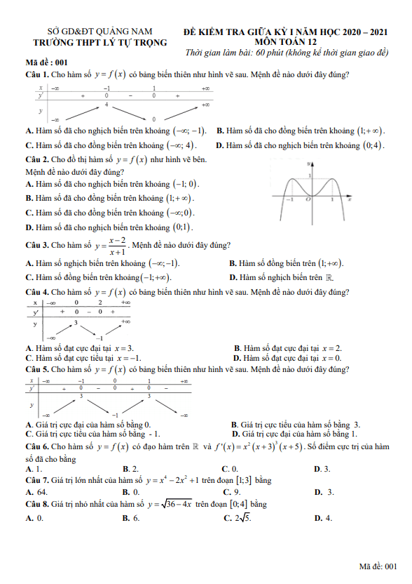 Đề thi giữa HK1 Toán 12 năm 2020 – 2021 trường THPT Lý Tự Trọng – Quảng Nam