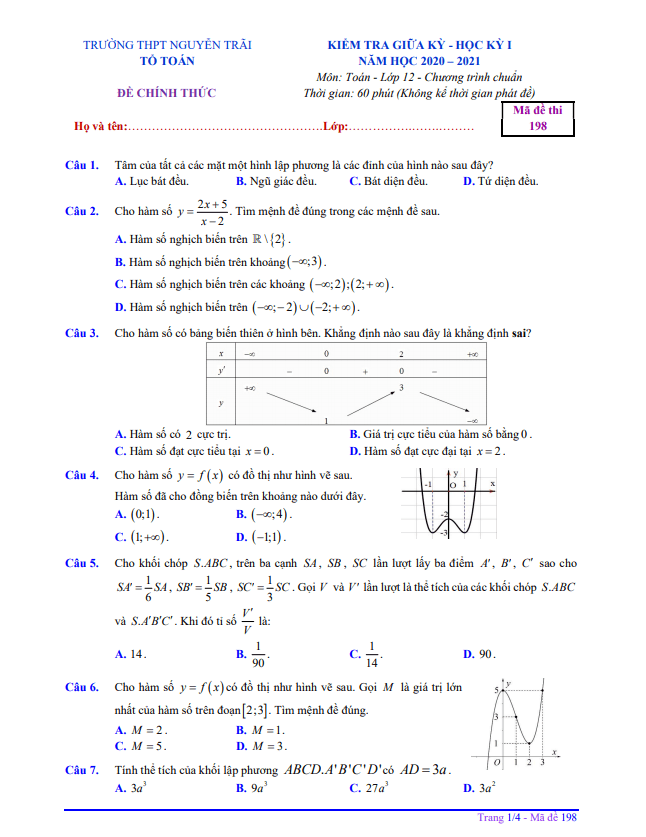 Đề thi giữa HK1 Toán 12 năm 2020 – 2021 trường THPT Nguyễn Trãi – Quảng Nam