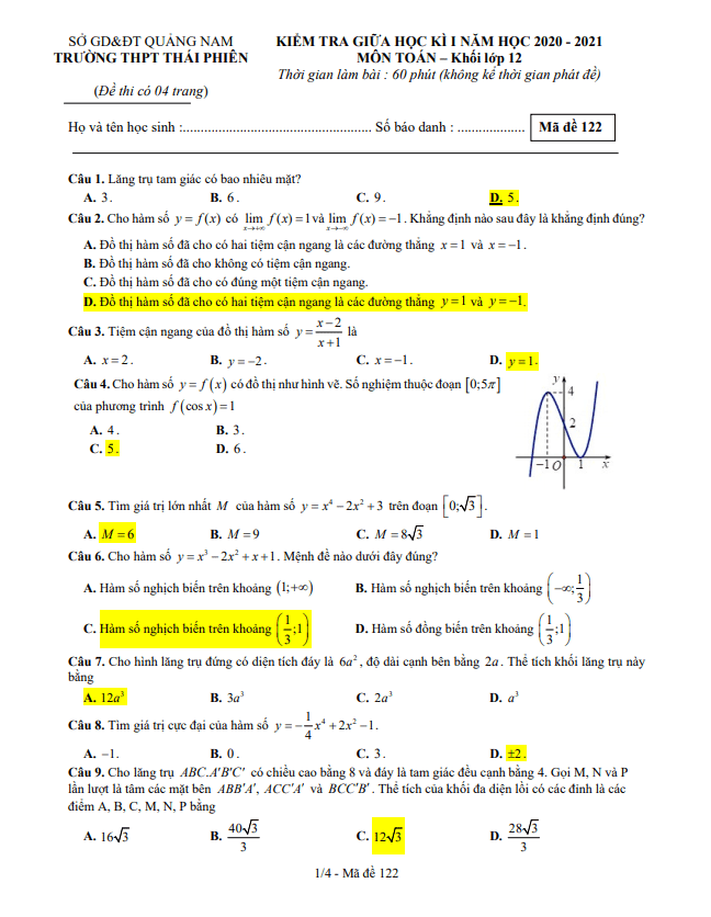 Đề thi giữa HK1 Toán 12 năm 2020 – 2021 trường THPT Thái Phiên – Quảng Nam